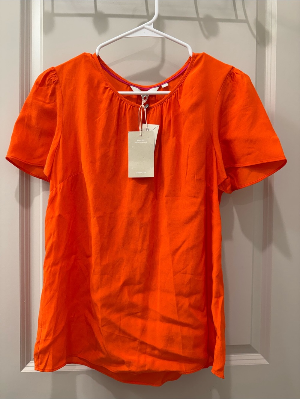 Boden Orange Keyhole Button Back Round Neck Flutter Sleeve Boho Blouse Sz 8